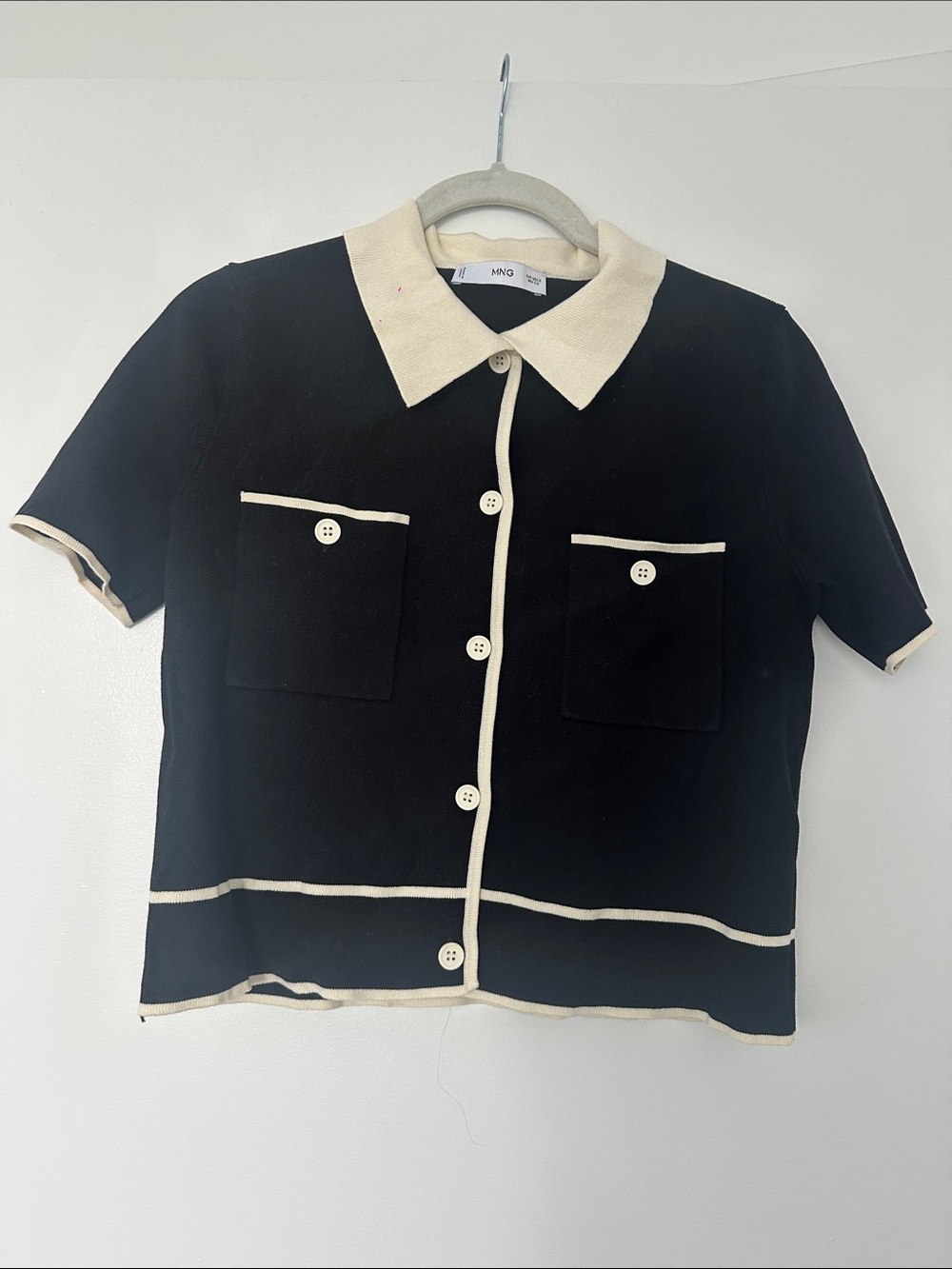 Mango Black Short Sleeve Knit Cardigan with Cream Trim
